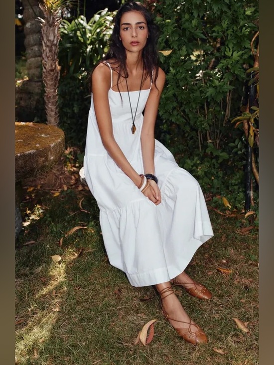 Zara Dresses & Skirts - ZARA Organic Cotton Poplin White Tiered Sleeveless Tie-back Midi Dress.